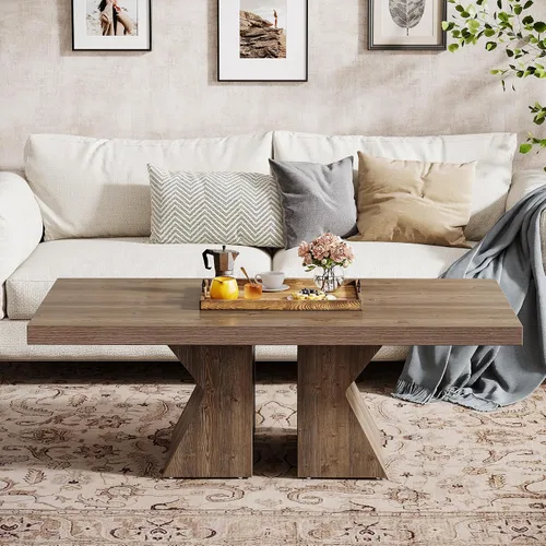 Vista 5 de Tribesigns Mesa de centro de madera, mesa central rectangular de 47 pulgadas con base de madera gruesa, mesa de cóctel con aspecto de madera