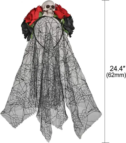 Vista 2 de HOWAF Diadema de Halloween, Día de los Muertos, tocado de rosa para festival, cosplay, diadema floral de Halloween, mujeres y adultos, accesorio