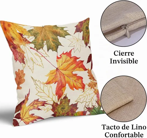 Vista 3 de Juego de 2 fundas de almohada de hojas de otoño, 18 x 18 pulgadas, juego de 2 fundas de almohada de lino y algodón cuadrado naranja claro