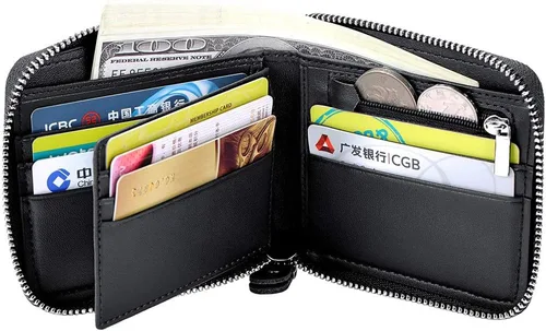 Vista 3 de Cartera de cuero con cremallera para hombre, con bloqueo RFID, con cremallera alrededor de la cartera, plegable, con múltiples tarjeteros