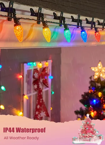 Vista 2 de Luces LED C9 de Navidad para exteriores, 68 pies, 100 luces LED de fresa con 100 abrazaderas de resorte, impermeable, grado comercial, extensible
