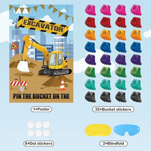 Vista 5 de Hxezoc Pin The Bucket on The Excavator Game con 32 cubos grandes de construcción para juegos de fiesta para niños, fiesta de cumpleaños, suministros