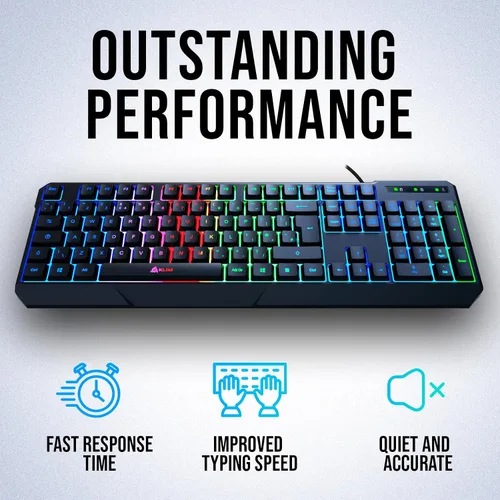 Vista 4 de KLIM Chroma - Teclado USB RGB para juegos, teclado de computadora con cable para PC, membrana, resistente al agua, duradero, respuesta de 2 ms