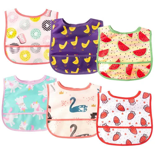 Vista 14 de 6 piezas de baberos impermeables para niños pequeños con bolsillo recogemigas, juego de baberos para bebés con ajuste para dientes de leche, baberos