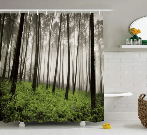Vista 30 de Ambesonne Home sets de cortinas de baño con ganchos Blanco y gris