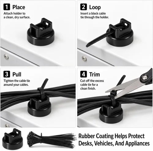 Vista 5 de Soportes magnéticos para bridas de cables, 15 imanes con 50 bridas para cables, soporte de cables magnéticos multiusos para gestión de cables, bases