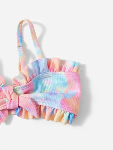 Vista 3 de WDIRARA Traje de baño de 3 piezas para niña pequeña con falda de playa con ribete de volantes