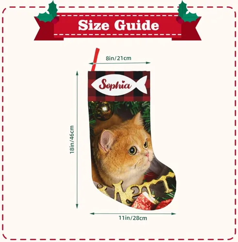 Vista 3 de Medias de Navidad personalizadas de 18 pulgadas, medias personalizadas de Navidad con nombre, imagen personalizada, gato, mascota, adorno