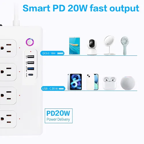 Vista 3 de UseeLink Regleta de alimentación inteligente, USB-C PD 20W, enchufe inteligente, protector de sobretensiones con 4 salidas de CA y 4 puertos USB