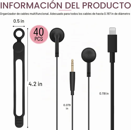 Vista 4 de Nuanchu 40 piezas de bridas para cables de silicona reutilizables, soporte ajustable, multiusos, organizador de cables de carga para sujetar cables