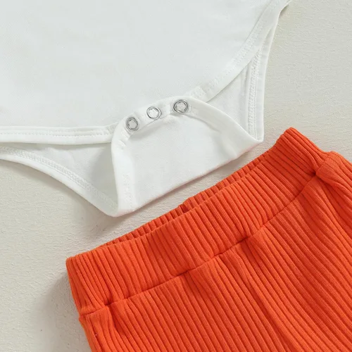 Vista 5 de Conjunto de ropa de Halloween para niña pequeña, divertido mameluco con letras de calabaza + pantalones acampanados acanalados de moda, traje