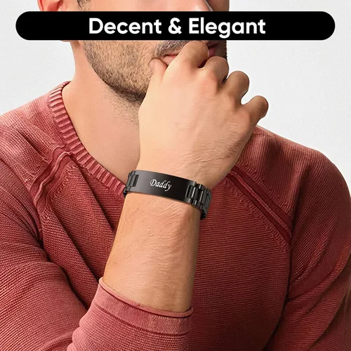 Vista 4 de VNOX - Correa de reloj de eslabones de acero inoxidable para hombre, con grabado personalizado, gran regalo para papá