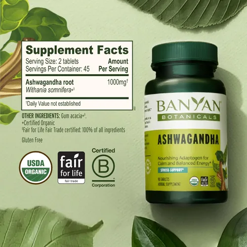 Vista 3 de Banyan Botanicals Ashwagandha orgánica - 1000 mg por porción - Manager de cortisol y suplemento para aliviar el estrés - Apoyo suprarrenal