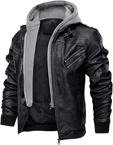 Vista 3 de Chaqueta de cuero para hombre, con capucha extraíble y diseño de paraguas, para cosplay