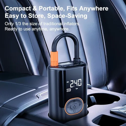 Vista 4 de Inflador de neumáticos portátil, compresor de aire inalámbrico, medidor de presión digital, 150 PSI, linterna LED, 4 modos preestablecidos
