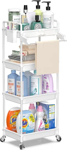 Vista 9 de SPACEKEEPER Carrito de almacenamiento rodante, carrito utilitario de 3 niveles, organización de cuarto de servicio, estantería móvil, organizador