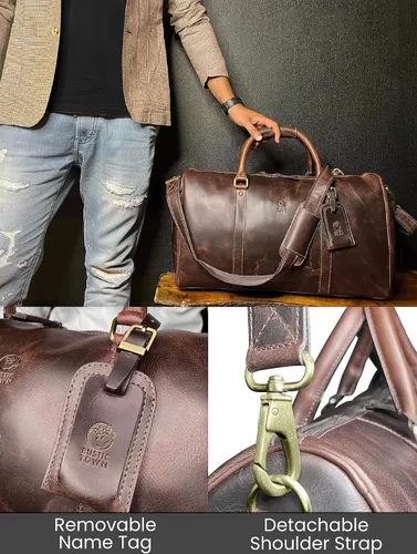 Vista 4 de Bolsa de lona de cuero hecha a mano de 30 L, cuero de grano superior, tamaño de cabina aprobado por la TSA, estilo clásico vintage con perspectiva