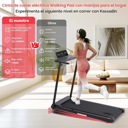 Vista 4 de KASSADIN Portable Treadmills for Home Small, Walking Pad with Handle Bar, 3.5HP Electric Mini Treadmills for Home Exercising, Walking Pad Treadmill