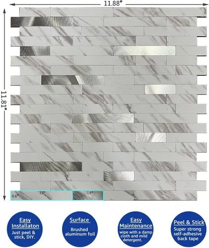 Vista 2 de XUANINY Azulejos de 10 hojas de azulejos en muro para salpicaduras, calcomanías de cocina de mármol blanco de PVC sintético, paneles de pared