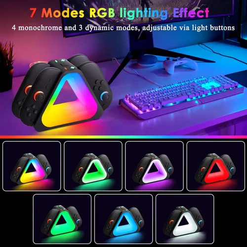 Vista 4 de Base de carga para controladores Switch2 Joy-Cons, estación de carga de 4 puertos con 7 modos de luz RGB, carga rápida para Nintendo Switch2
