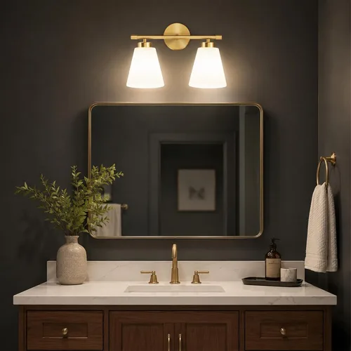 Vista 6 de Hamilyeah Lámpara de tocador de baño dorada con pantalla de vidrio esmerilado, 2 lámparas de tocador sobre espejo, 2 lámparas de pared para baño