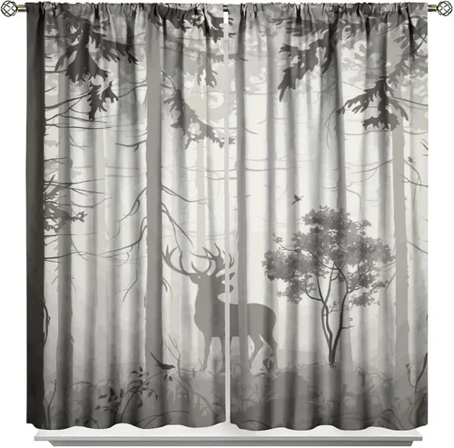 Vista 20 de Cortinas opacas con diseño de ciervos, bosque brumoso, rústico, vida silvestre, alce, montaña, pájaros, pino, bosque, cortinas de ventana