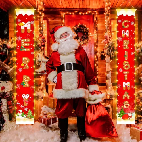 Vista 5 de Cartel de decoración de Navidad colgante al aire libre - Cartel rojo colgante con patrón de galletas y tira de luces para decoración de fiesta