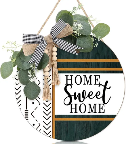 Vista 10 de CHDITB Corona de Letrero de Puerta Frontal Boho Bless This Home (12"x12"), Decoración de Bienvenida 3D de Madera para Colgar en la Pared con Hojas