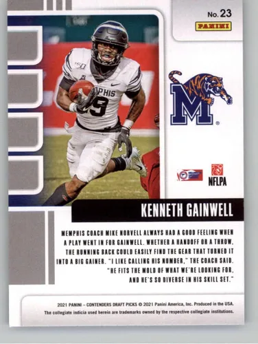Vista 2 de 2021 Contenders Draft (NCAA) Football School Colors #23 Kenneth Gainwell Memphis Tigers Official Panini America Trading Card