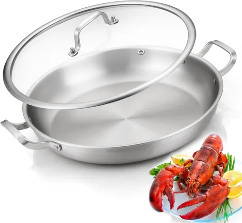 Vista 13 de Yeksum - Sartén de acero inoxidable de tres capas para paella, sartén grande con tapa (acero inoxidable híbrido, 12 pulgadas)