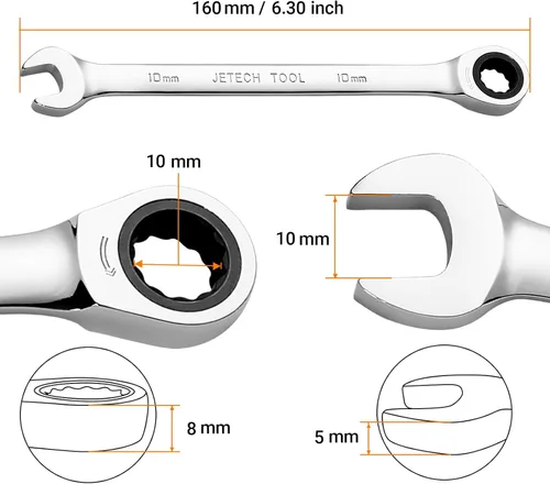 Vista 2 de Jetech - Llave combinada de trinquete de 10 mm, llave de carraca de grado industrial con trinquete de 12 puntas y 72 dientes, acero Cr-V forjado
