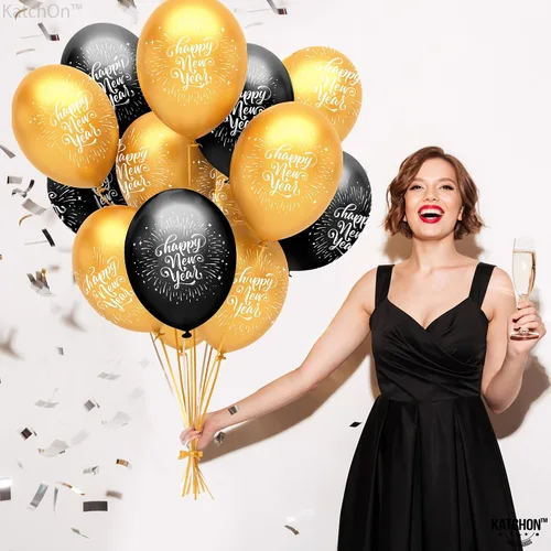 Vista 5 de KatchOn, Globos negros y dorados de Año Nuevo 2026 – Paquete de 50 Globos de látex de Feliz Año Nuevo Globo de látex dorado y negro