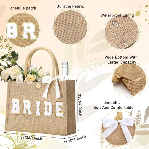 Vista 4 de Silkfly Bolsa de mano de novia de boda, regalo de despedida de soltera, bolsa de yute de playa con cinta para regalos de despedida de soltera