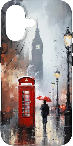 Vista 32 de Funda para iPhone 16 Wet London Iconic Red Phone Booth Clocktower Art Cover Phone Case