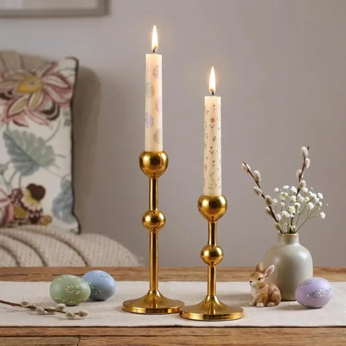 Vista 2 de Rely+ Juego de 2 portavelas cónicos dorados para mesa de café, centro de mesa, candelabros, portavelas cónicos, decoración para el hogar, mantel