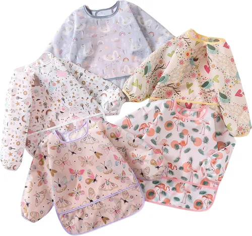 Vista 10 de Babero de manga, paquete de 5, baberos impermeables para bebé de 3 a 24 meses, fáciles de limpiar con toalla