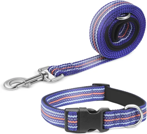 Vista 9 de Juego de collar y correa reflectante para perro, correa de nailon para perro con anillo en D de acero resistente, ajustable con hebilla de Cian