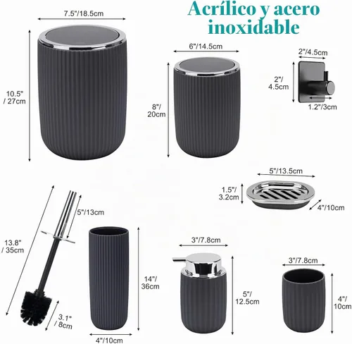 Vista 2 de Boperzi Juego de accesorios de baño completo: juego de accesorios de baño de 8 piezas con bote de basura 2 piezas para piso/mostrador, cepillo
