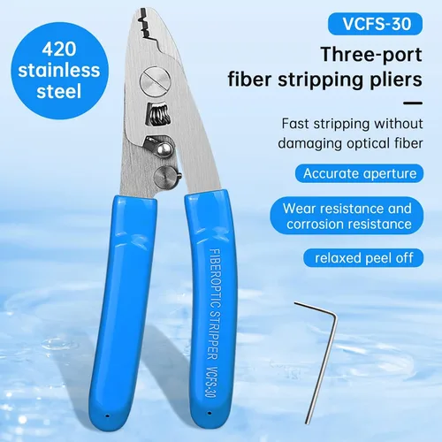 Vista 2 de Pelacables de fibra óptica, herramienta de pelado de fibra óptica de 3 orificios con mango de 6 pulgadas, llave hexagonal ajustable para chaqueta