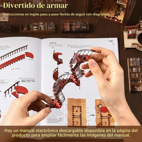 Vista 7 de MiniCity Kit de rincón de libros de bricolaje, escena de madera en miniatura 3D con luces LED, cubierta de polvo y herramientas para decoración
