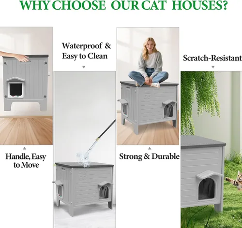Vista 5 de Deblue Casa para Gatos de Exterior Resistente a la Intemperie Grande de Plástico Casas para Gatos con Puerta de Escape Interior Impermeable Refugio