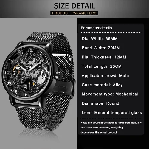 Vista 7 de Reloj de hombre con correa de acero inoxidablecorrea de malla reloj mecánico de esqueleto para hombre