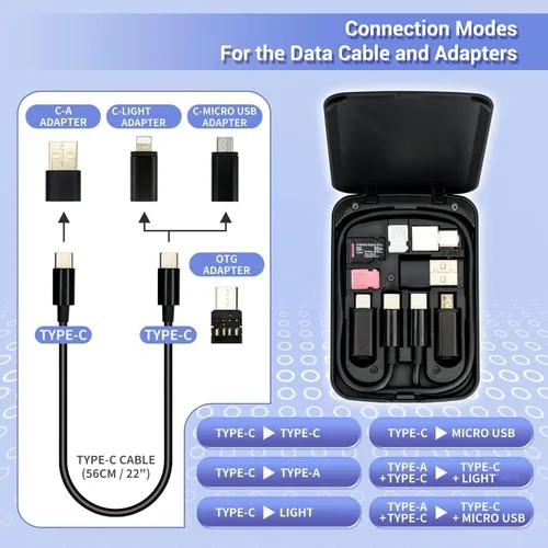 Vista 3 de Tarjeta de Cable Multifuncional Compacta con Cable USB-C de 22" y Kit de Adaptador USB A/Micro-USB/Lightning/OTG, Caja de Almacenamiento