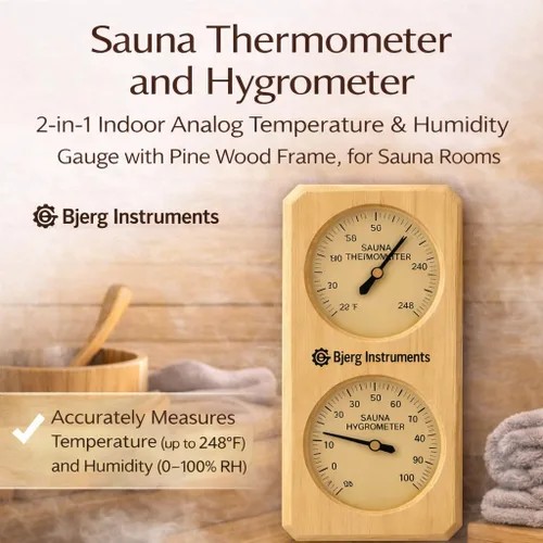 Vista 2 de Termómetro e higrómetro de sauna – Medidor analógico de temperatura y humedad 2 en 1 para interiores con marco de madera de pino, para salas