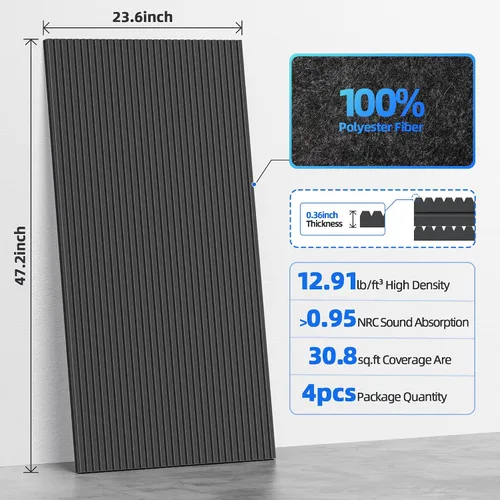 Vista 6 de Paquete de 4 paneles acústicos grandes que absorben el sonido con autoadhesivo, 47.2 x 23.6 x 0.36 pulgadas, paneles de espuma a prueba de sonido