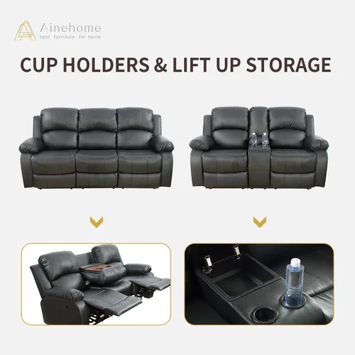Vista 5 de Ainehome - Juego de 3 sofás reclinables de cuero regenerado, sofá biplaza reclinable, silla reclinable manual con mesa desplegable para sala