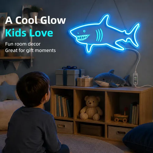 Vista 8 de Letrero de neón de tiburón con sensor de movimiento, letrero de neón LED azul hielo con 3 modos regulables, tablero acrílico decoración de tiburón