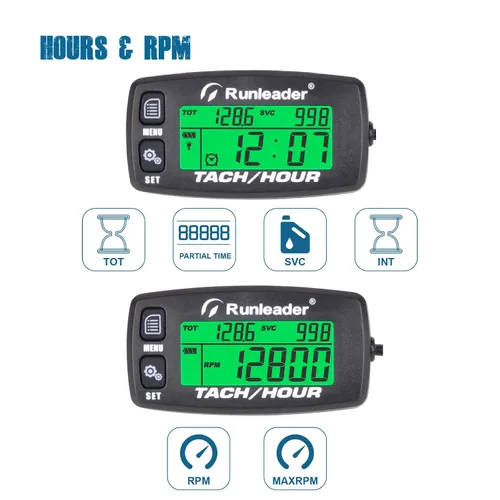 Vista 2 de Runleader Tacómetro digital de motor de gas, registro de horas y rpm, medidor de horas de luz de fondo, batería reemplazable para cortacésped