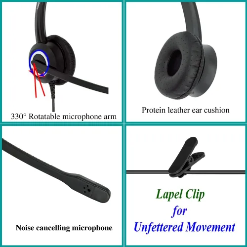 Vista 3 de Auriculares para teléfono compatibles con Grandstream Yealink Snom Phones Micrófono con cancelación de ruido, voz HD RJ9 y adaptador de 0.138 in