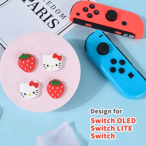 Vista 2 de DLseego Strawberry & Cat - 4 tapas de agarre para el pulgar para interruptor regular, interruptor LiteSwitch OLED Joy Con Joystick de silicona